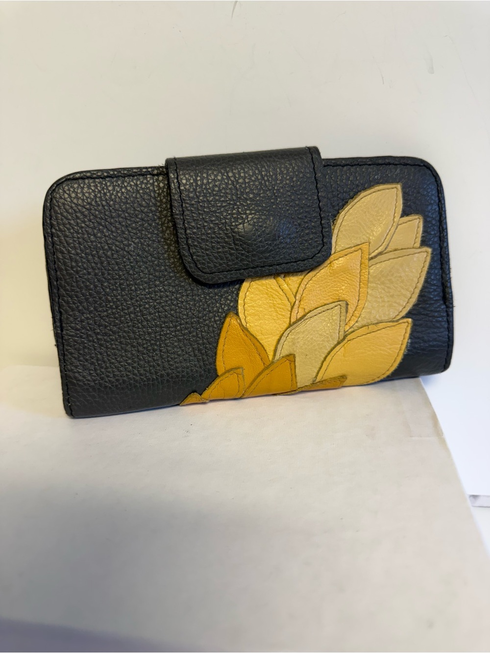 Eight Seasons Leather Wallet Floral Appliqué Unique Card Pockets Black Yellow